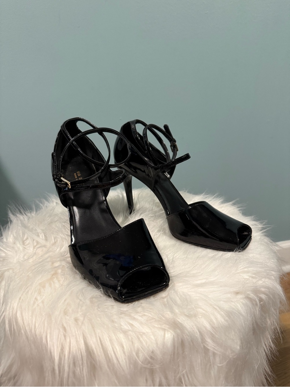 Via Spiga Black Patent Peep-Toe Strappy Stiletto Heels